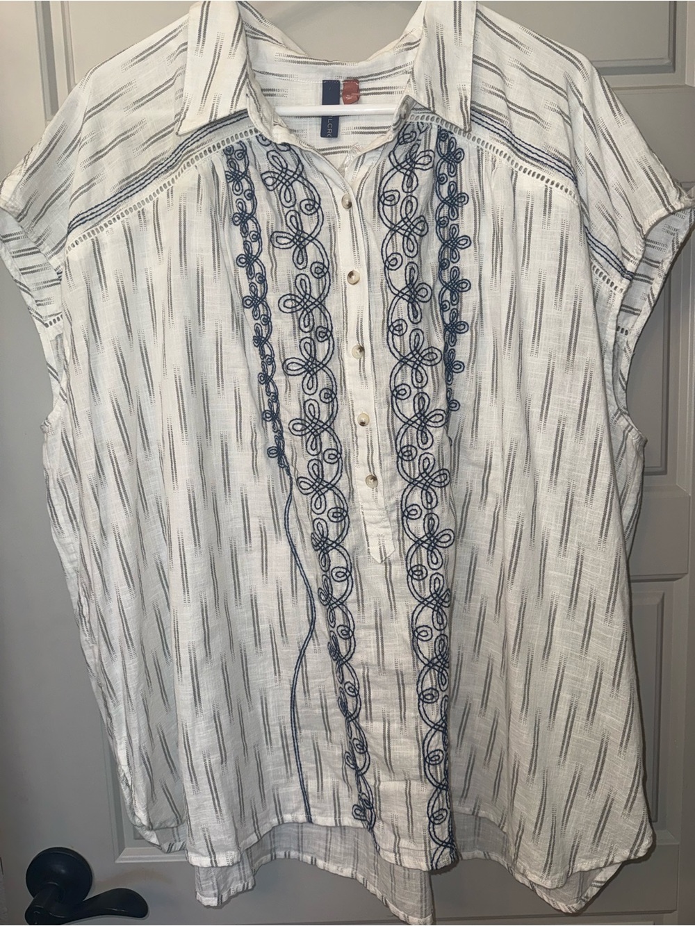 Pilcro White Cotton Button-Up Blouse with Blue Embroidery